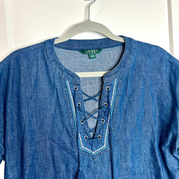 Lauren Ralph Lauren Denim Embroidered Tasseled Shift Knee Length Chore Dress 10 - Picture 3 of 6